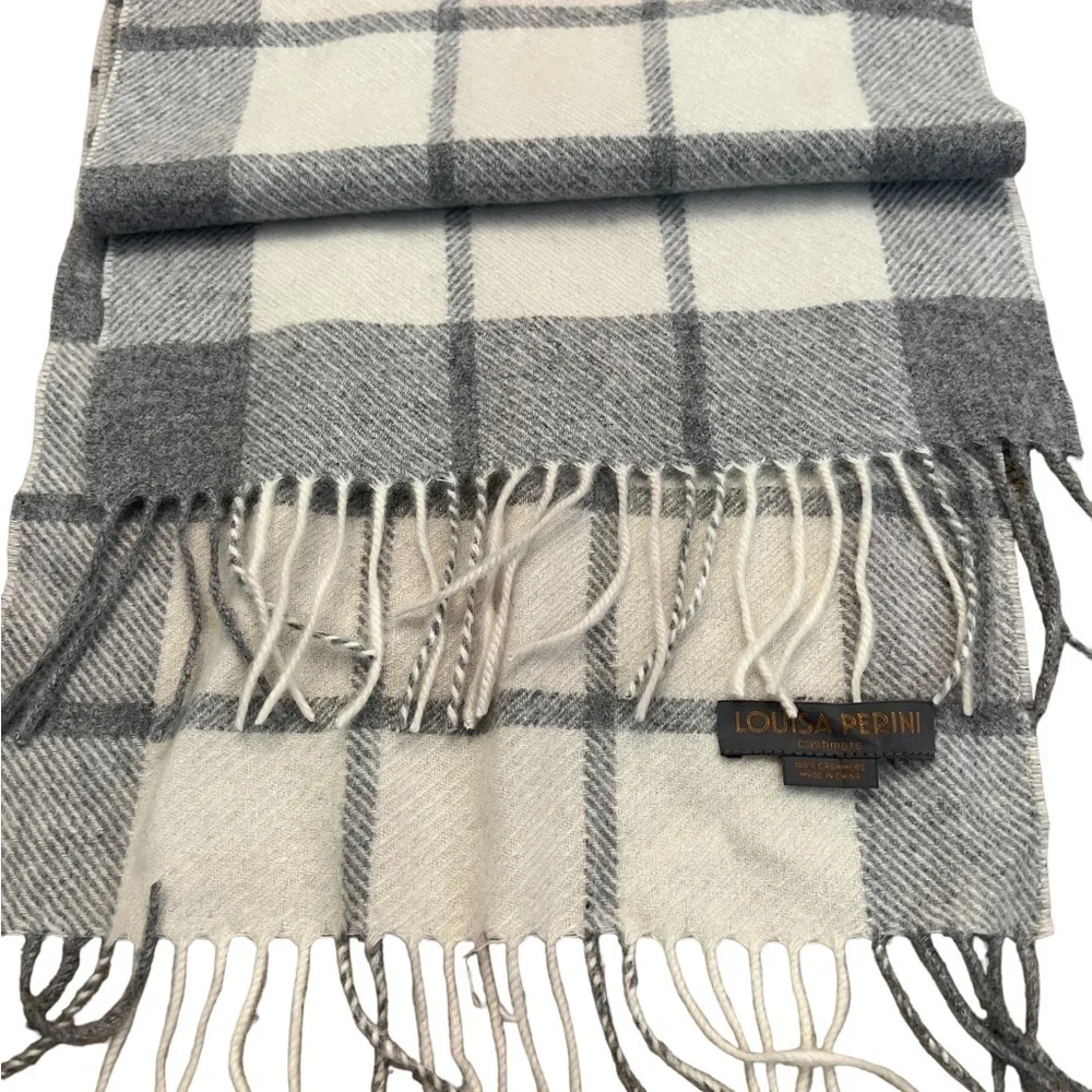 Louisa Perini 100% Cashmere Cream & Gray Windowpane Plaid Scarf